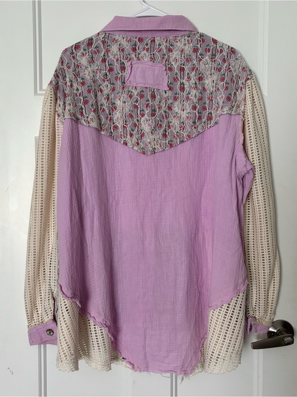 POL Lavender Patchwork Button-Front Shacket with Cream Sleeves - Picture 2 of 10